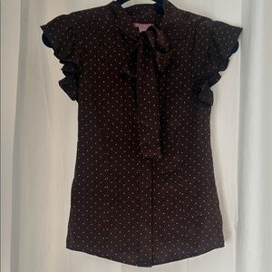 Elegant Brown Polka Dot Blouse with Ruffle Sleeves